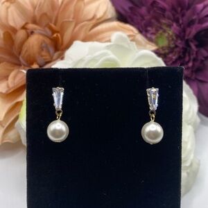 Baguette Crystal & Faux Cream Pearl Dangle Stud Earrings NEW